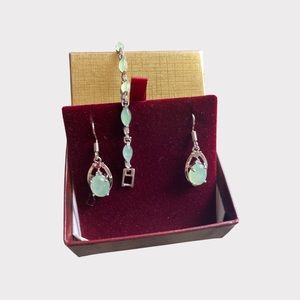 Bracelet and Earrings Set, Nile Green Oval Cabochon Glass Beads,CZ’s on earrings